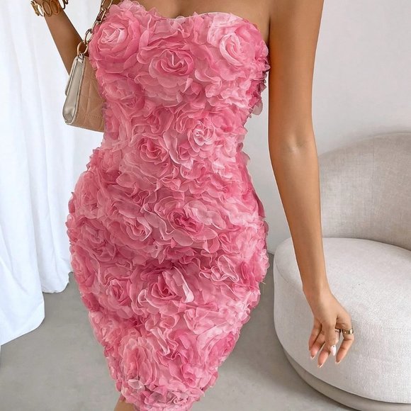 Pink Preppy Womens Floral Appliques Tube Bodycon Dress - Picture 3 of 8